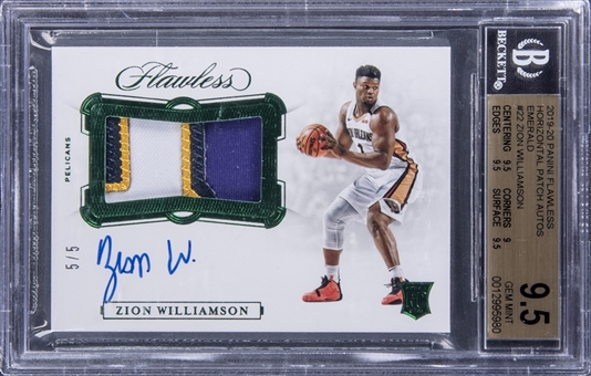 2019/20 Panini Flawless Emerald "Horizontal Patch Autographs" #22 Zion Williamson Signed Rookie Card (#5/5) - BGS GEM MINT 9.5, BGS 10